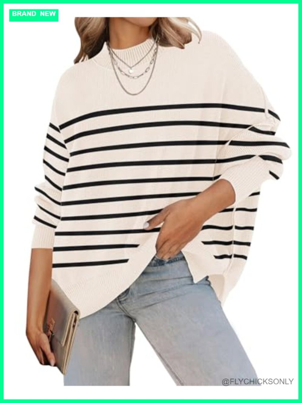 Womens Oversized Striped Ribbed Knit Sweater Batwing Sleeve Tunic